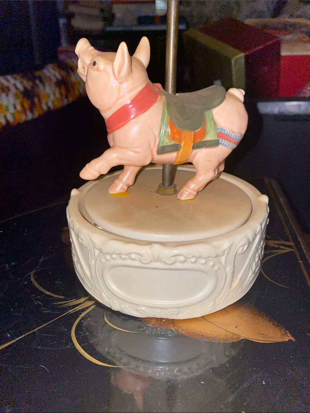 Rare Vintage Carousel music box, pig rotates while playing the song 